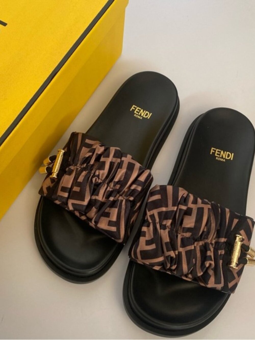 Fendi Women's Brown FF Logo Ruched Slide Sandals